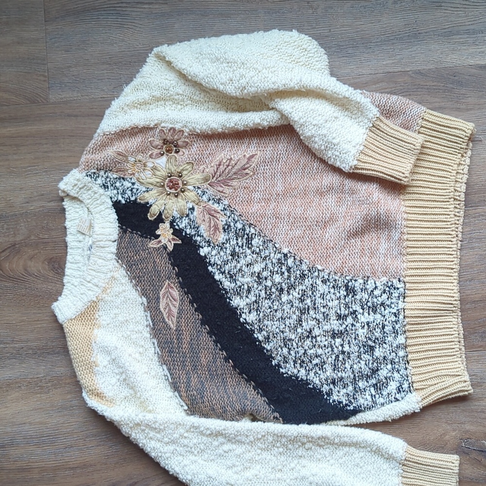 Women's Needles & Yarn Floral Patchwork 80s Sweater - Cream, Black, Brown Size L